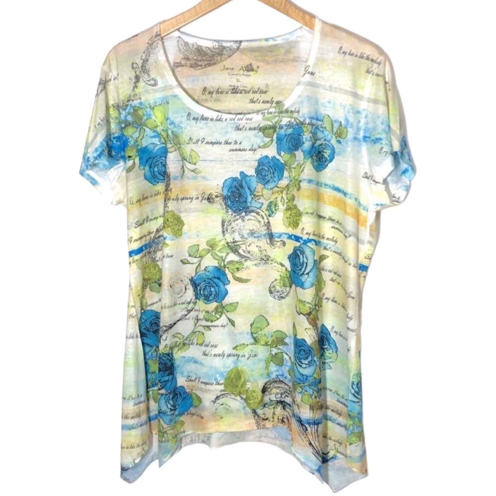 Jane Ashley Rhinestone Floral Tshirt Uneven Hem Womens Size XL Fall Casual
